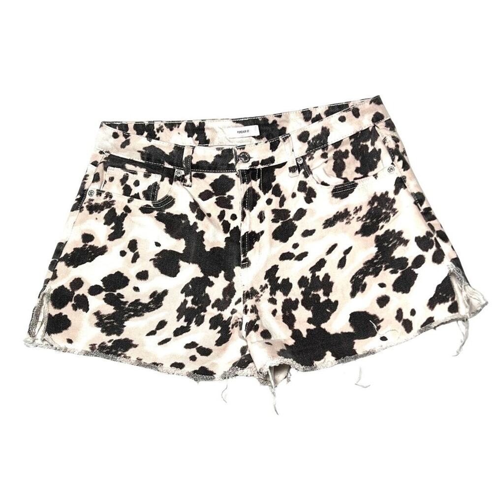 black white cow print denim shorts high rise raw fringe hem sz 31 forever 21